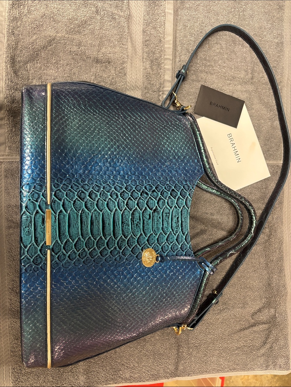 Brahmin Teal Blue Ombre Croc-Embossed Shoulder Bag Elaine- Sapphire Ateague